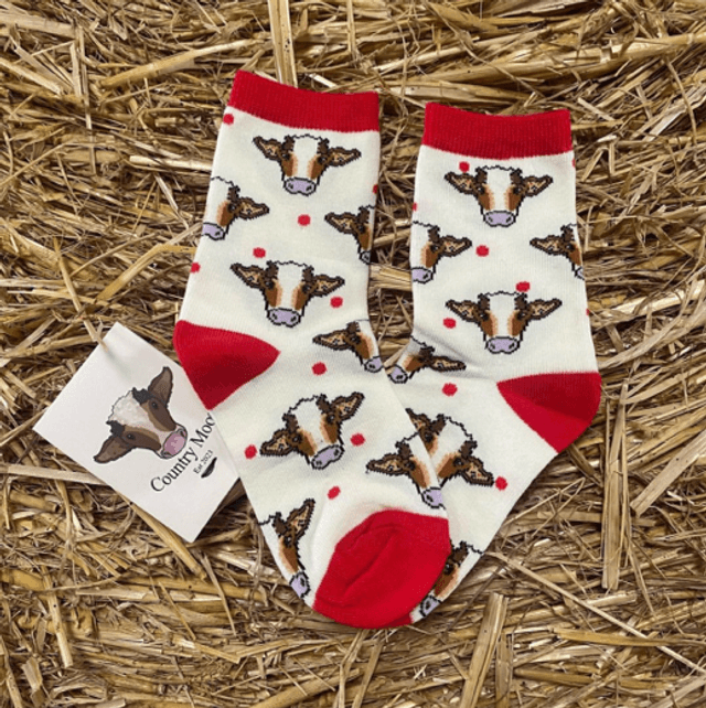 Childrens Red Polka Dot Cow Socks (Crew Style)
